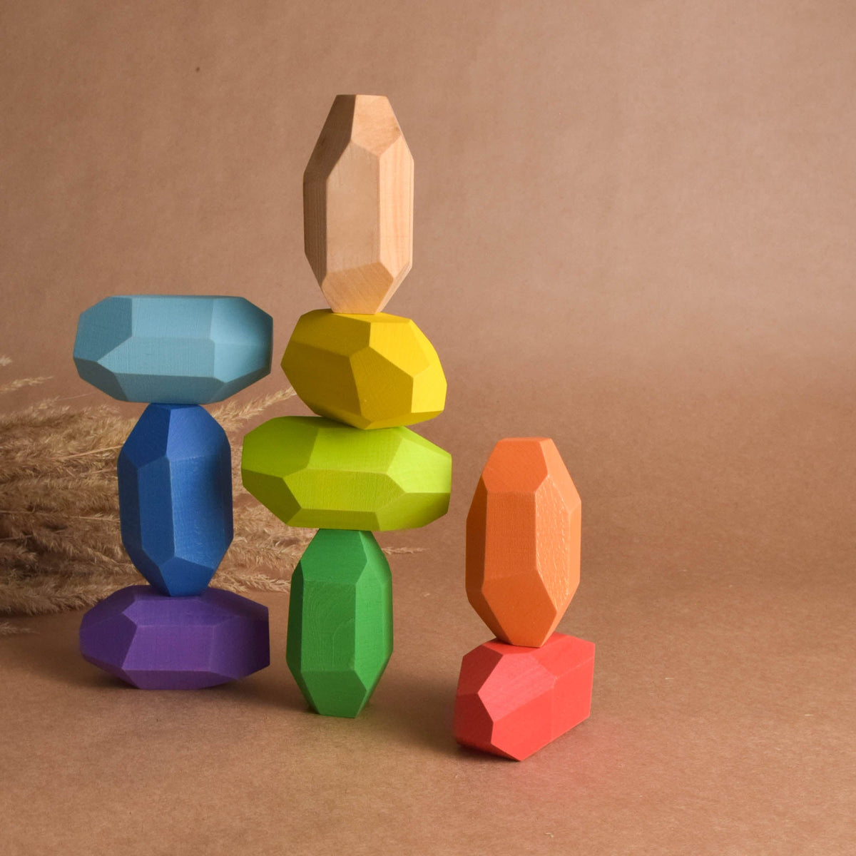 Handmade Montessori elongated rainbow Tumi Ishi blocks in linden wood with a natural wax-and-oil finish