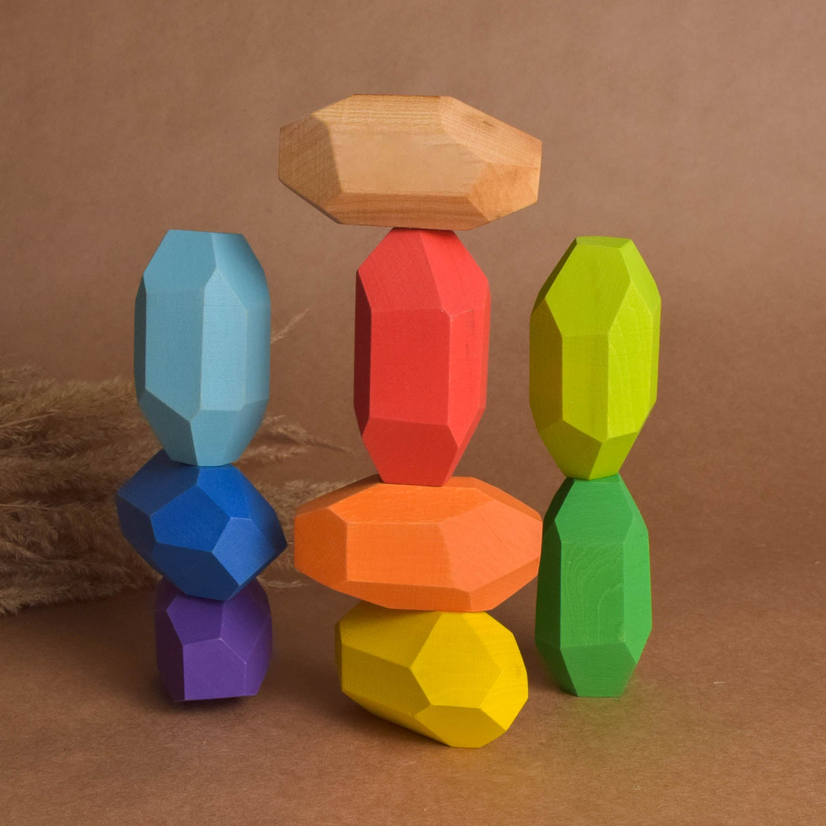 Handmade Montessori elongated rainbow Tumi Ishi blocks in linden wood with a natural wax-and-oil finish