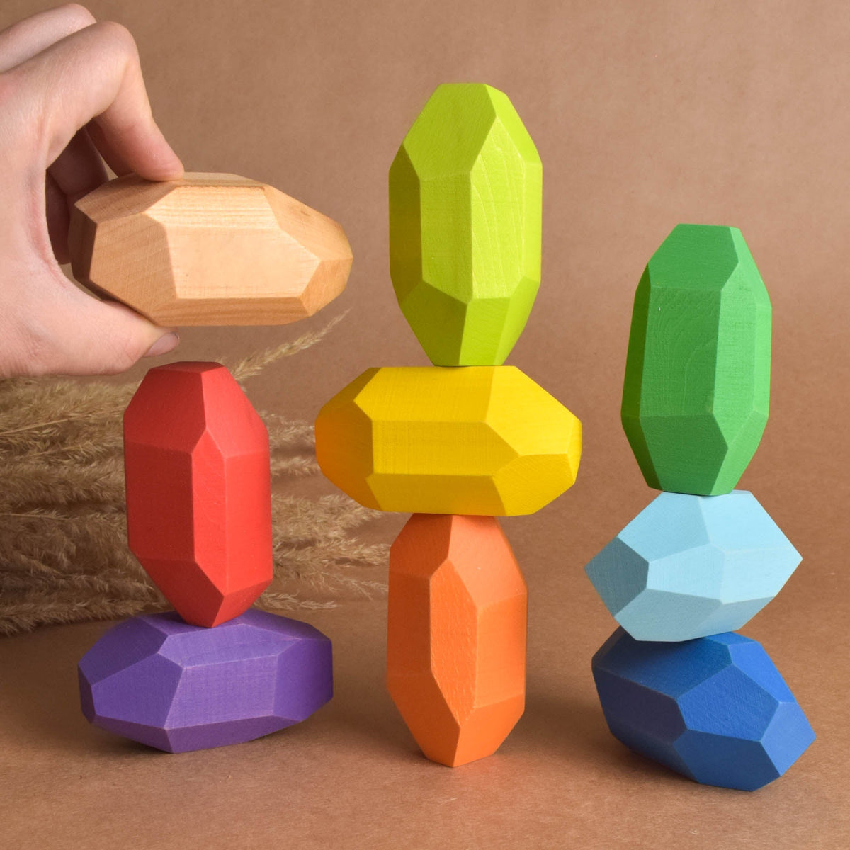 Handmade Montessori elongated rainbow Tumi Ishi blocks in linden wood with a natural wax-and-oil finish