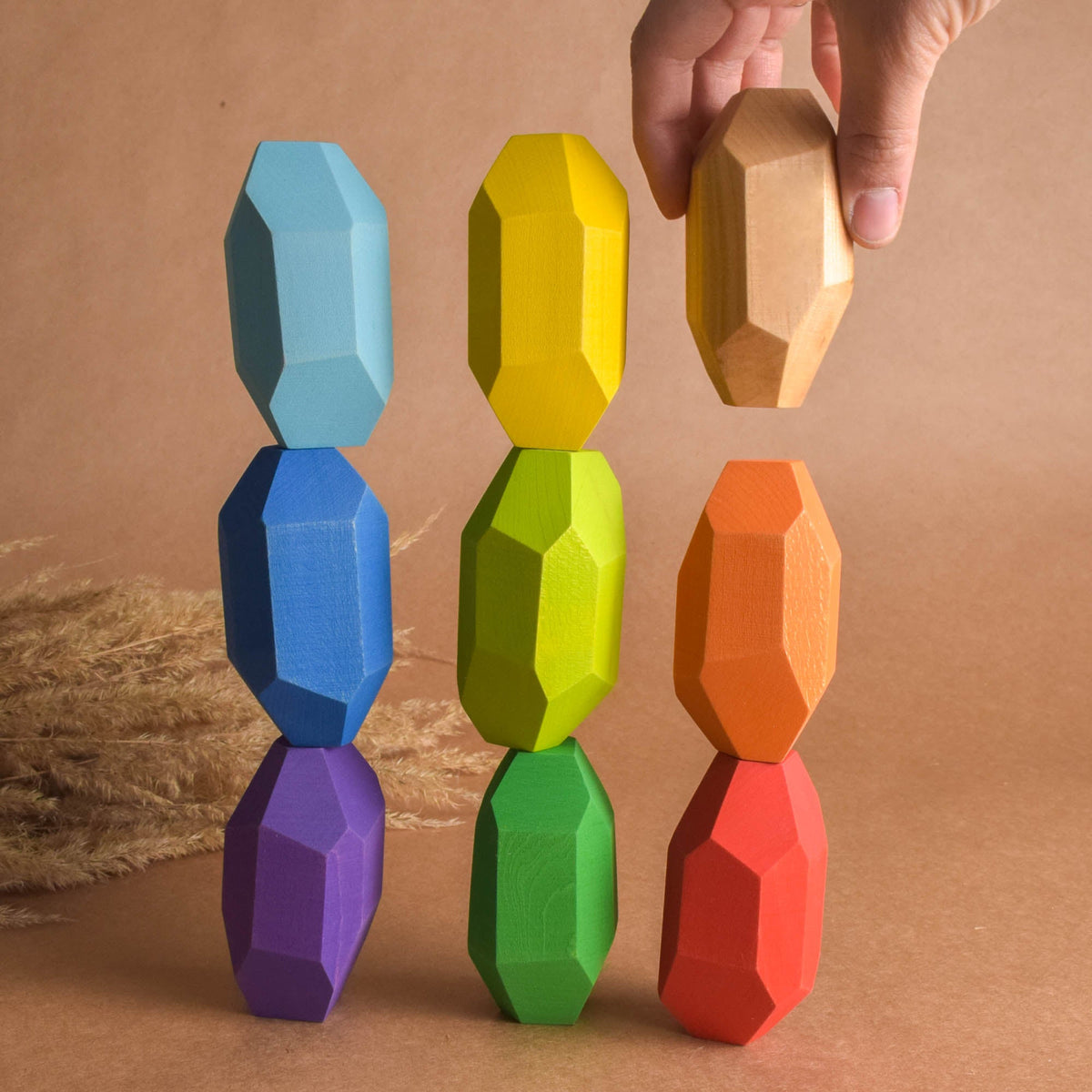 Handmade Montessori elongated rainbow Tumi Ishi blocks in linden wood with a natural wax-and-oil finish