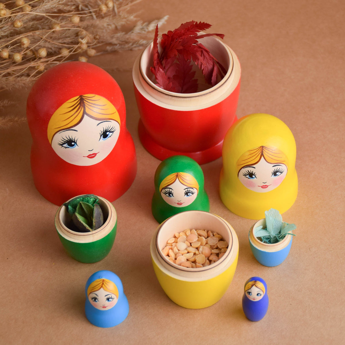 Brightly colored wooden matryoshka dolls
