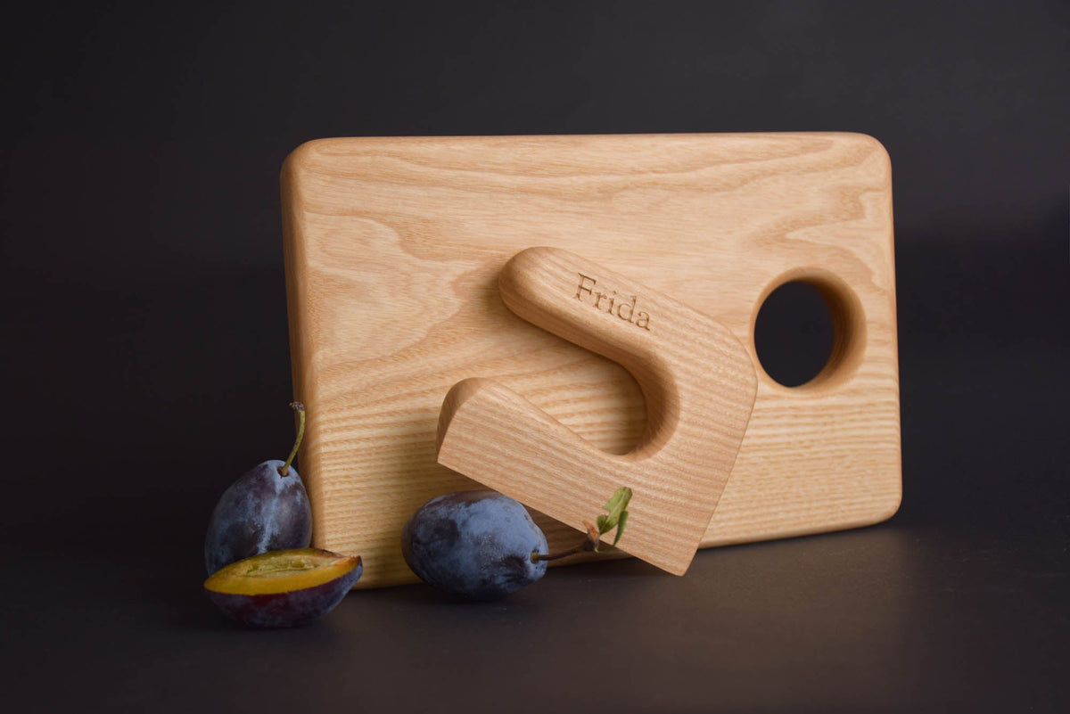 Handmade Montessori cutting knife in solid ash wood with a natural oil finish