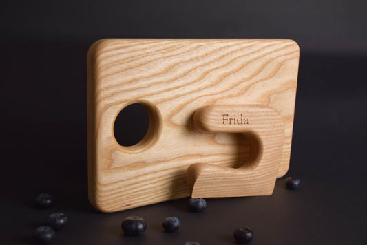 Handmade Montessori knife and cutting board set in solid ash wood with a natural oil finish