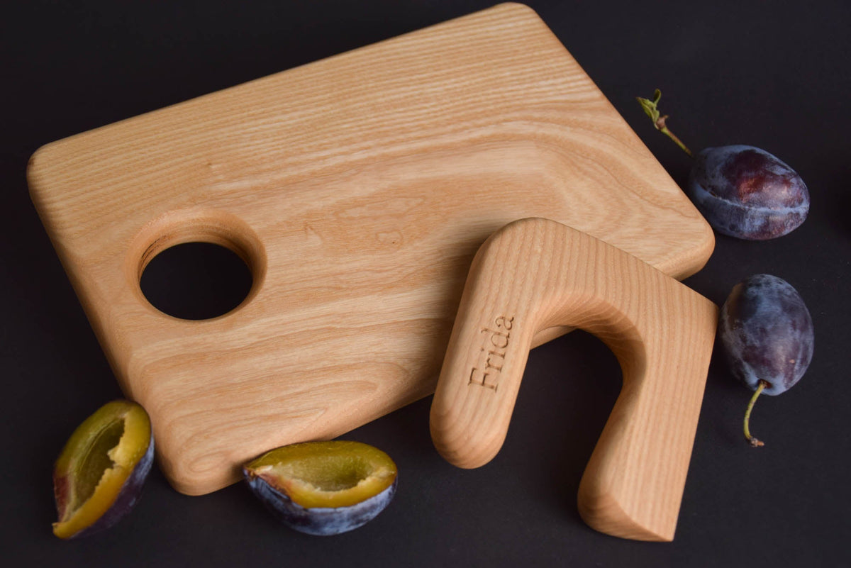 Handmade Montessori knife and cutting board set in solid ash wood with a natural oil finish