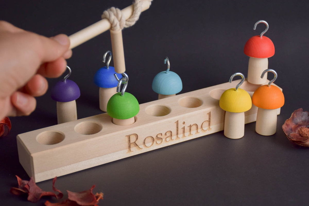 Mushroom balancing game with a fishing rod
