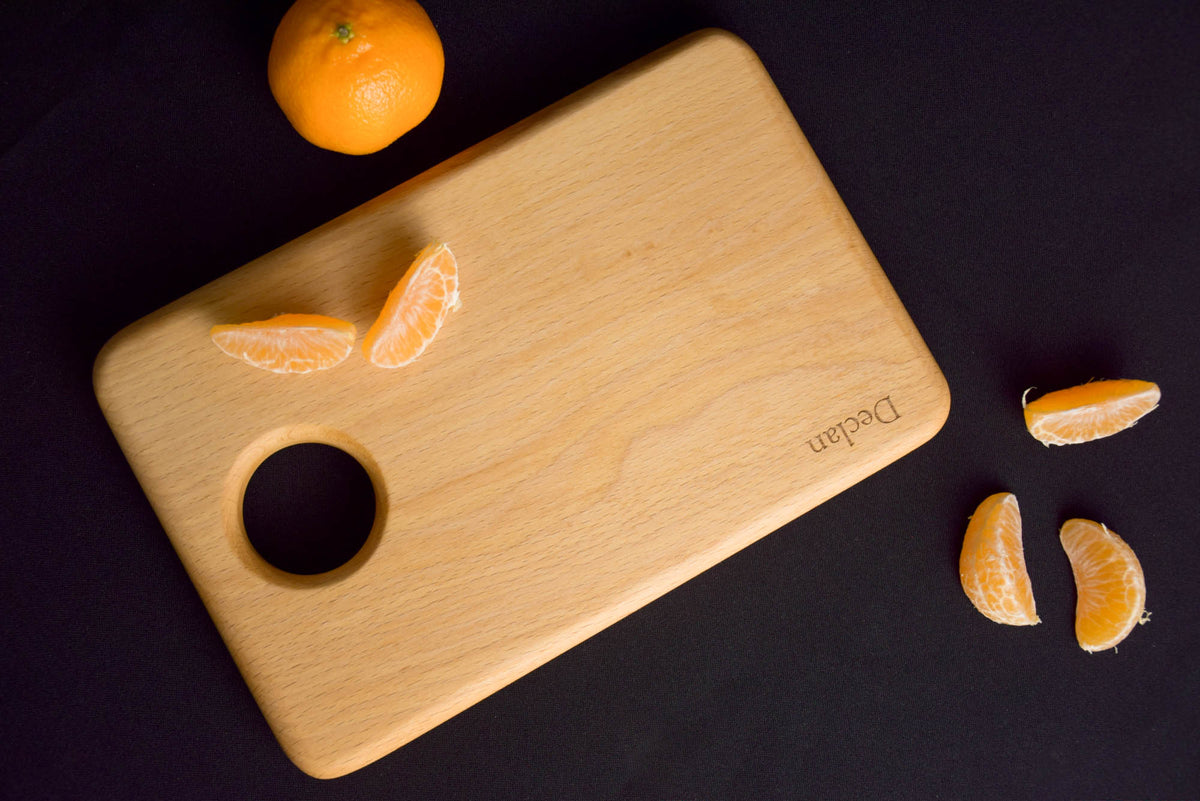 Handmade Montessori knife and cutting board set in solid beech wood with a natural oil finish
