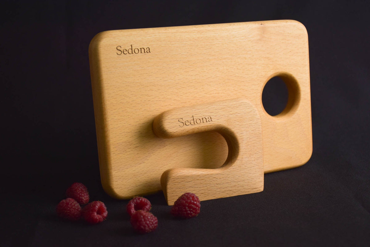 Handmade Montessori knife and cutting board set in solid beech wood with a natural oil finish