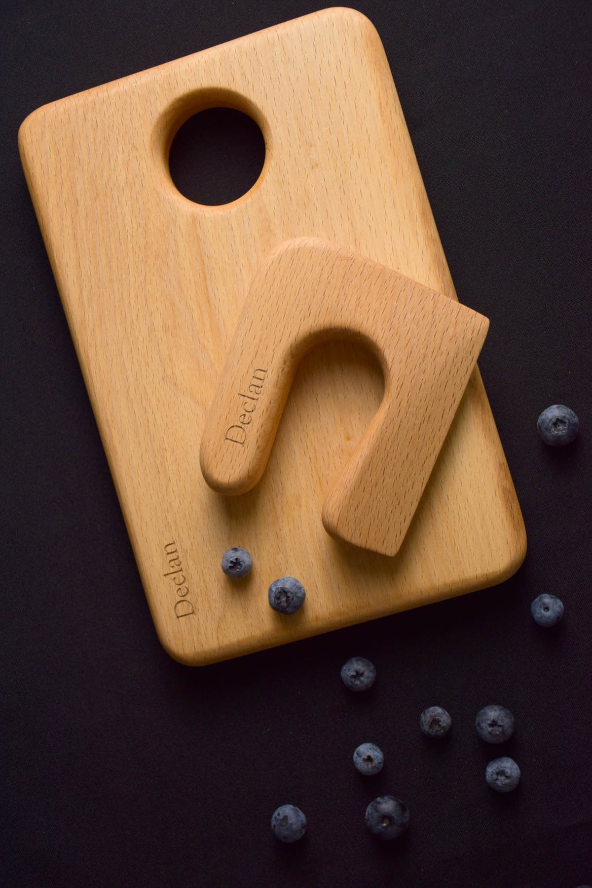 Handmade Montessori knife and cutting board set in solid beech wood with a natural oil finish