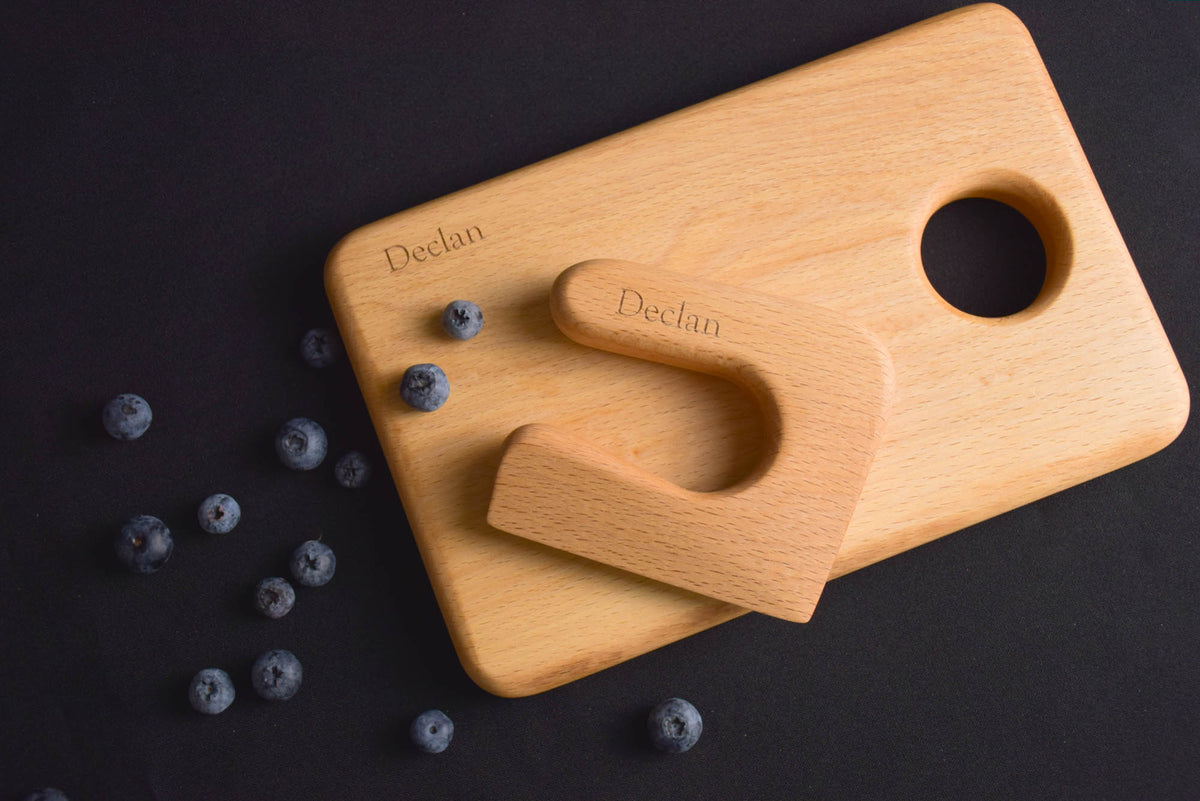 Handmade Montessori knife and cutting board set in solid beech wood with a natural oil finish