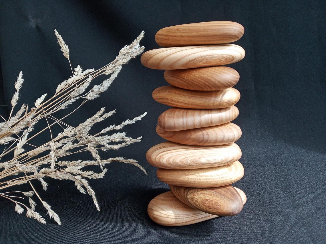 Handcrafted catalpa wooden stacking pebbles