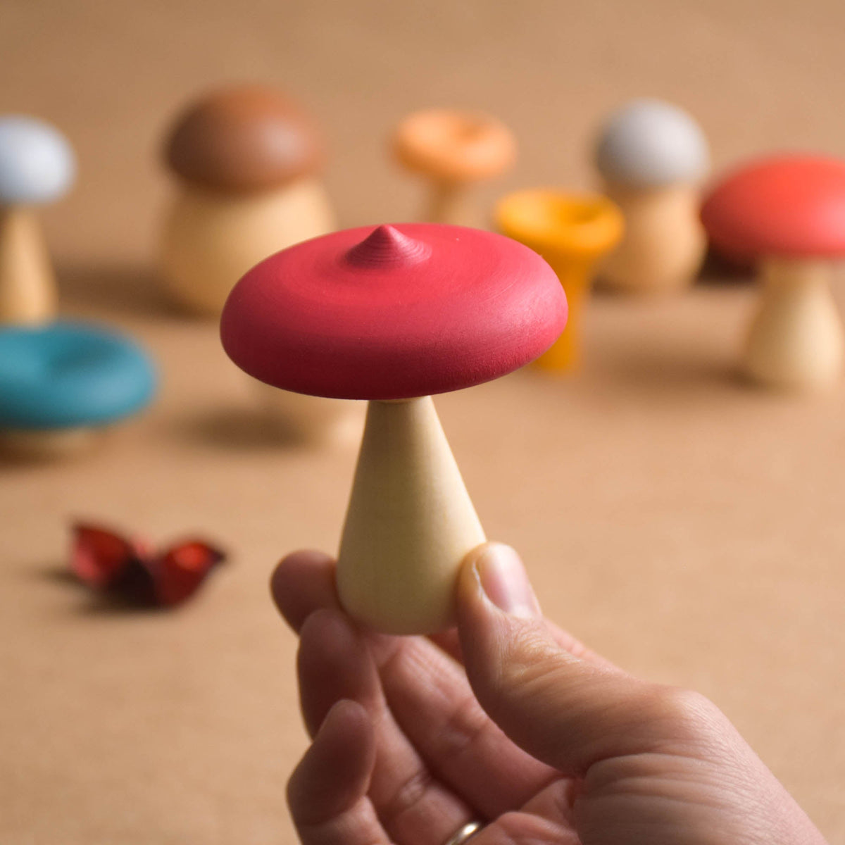 Colored wooden mushroom figures