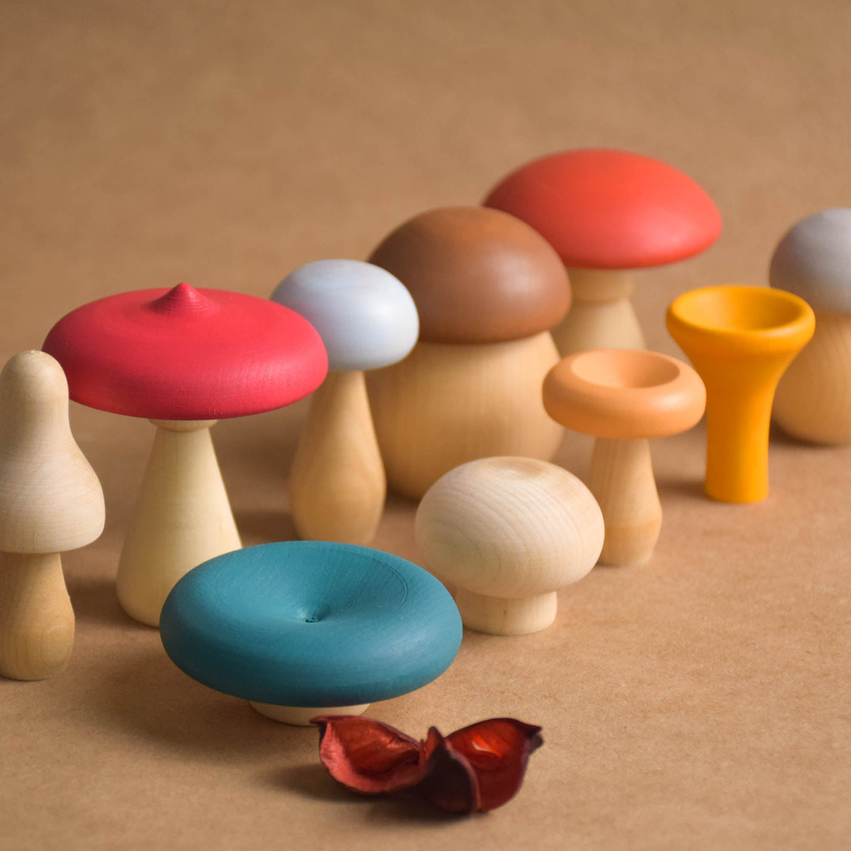Colored wooden mushroom figurines set