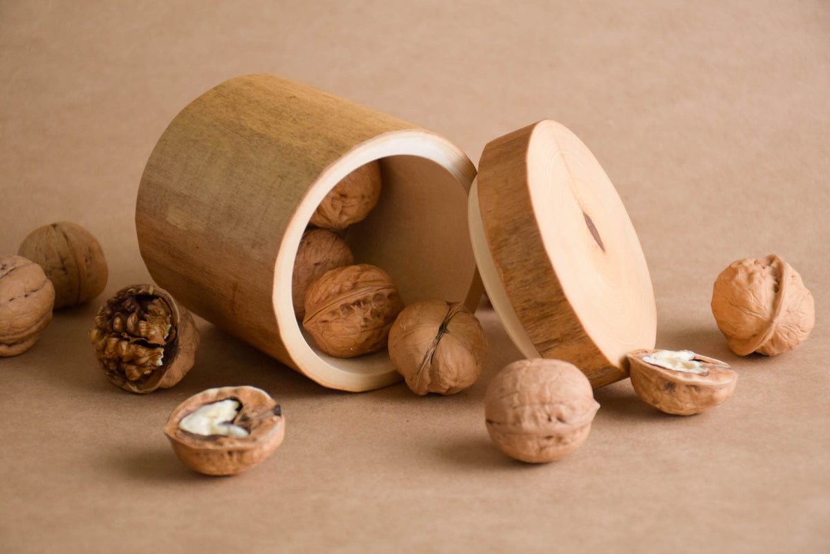 Solid wood lidded box for pretend kitchen play