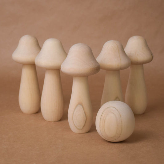 Wooden mini bowling game with mushroom-shaped pins