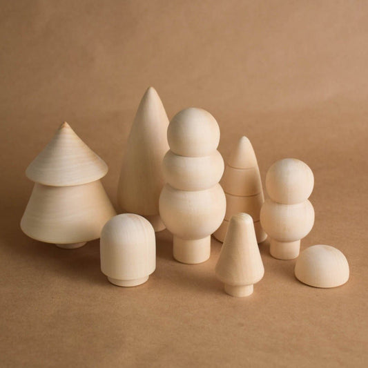 Mini wooden tree and bush figurines set