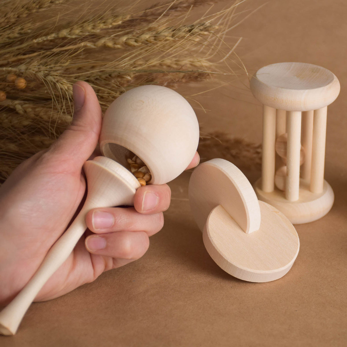 Wooden Montessori baby toy collection in linden wood