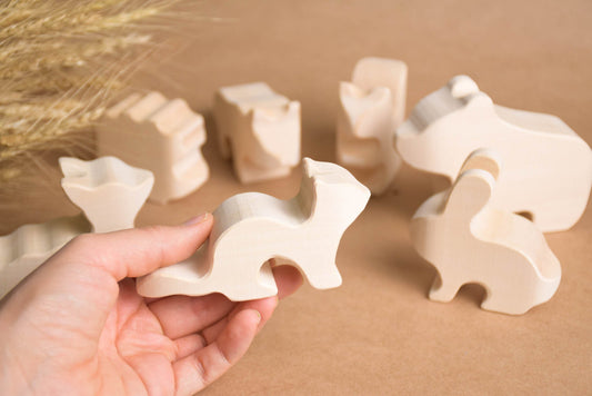 Natural wooden woodland animals set
