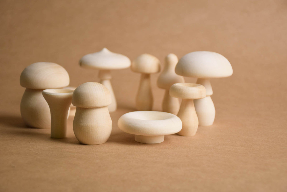 Unfinished natural wooden mushroom set
