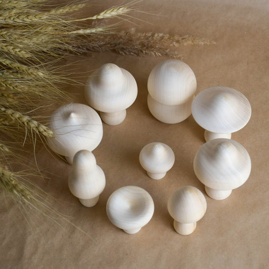 Natural wooden mushroom figurines set