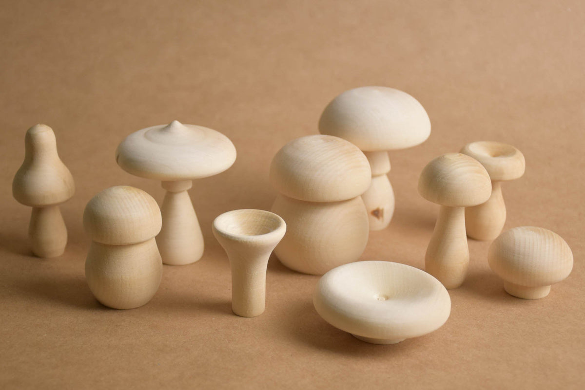 Handmade unfinished wooden mushrooms