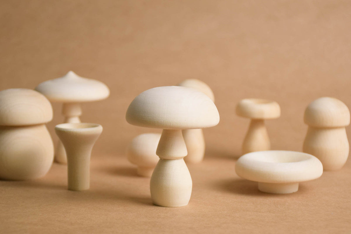 Wooden mushroom figurines for woodland scenes