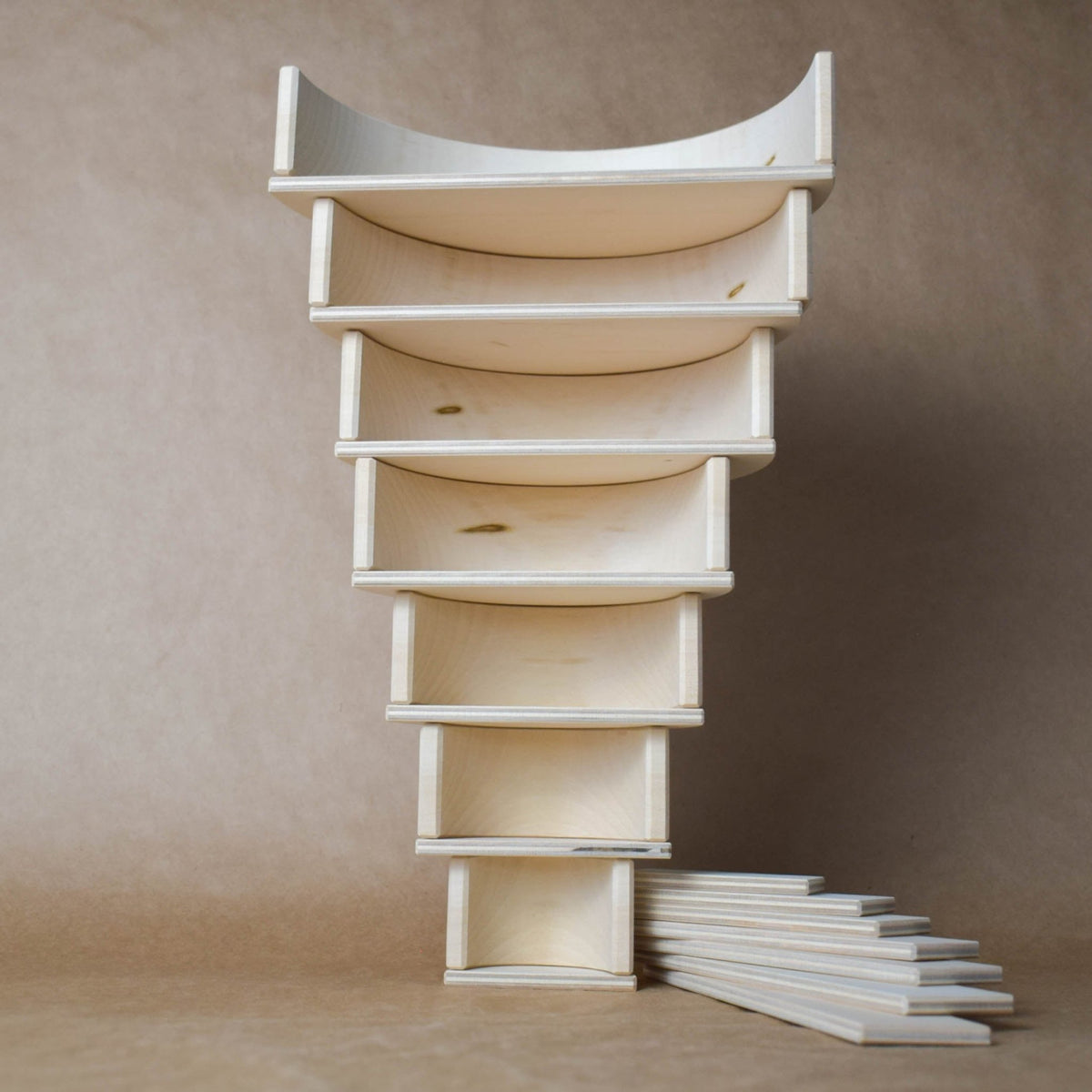 Handmade Montessori natural rainbow building toy crafted from linden wood and plywood