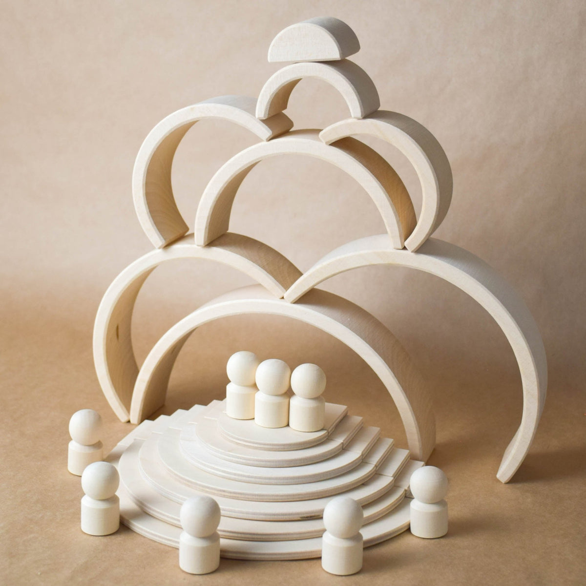 Handmade Montessori natural rainbow building toy crafted from linden wood and plywood