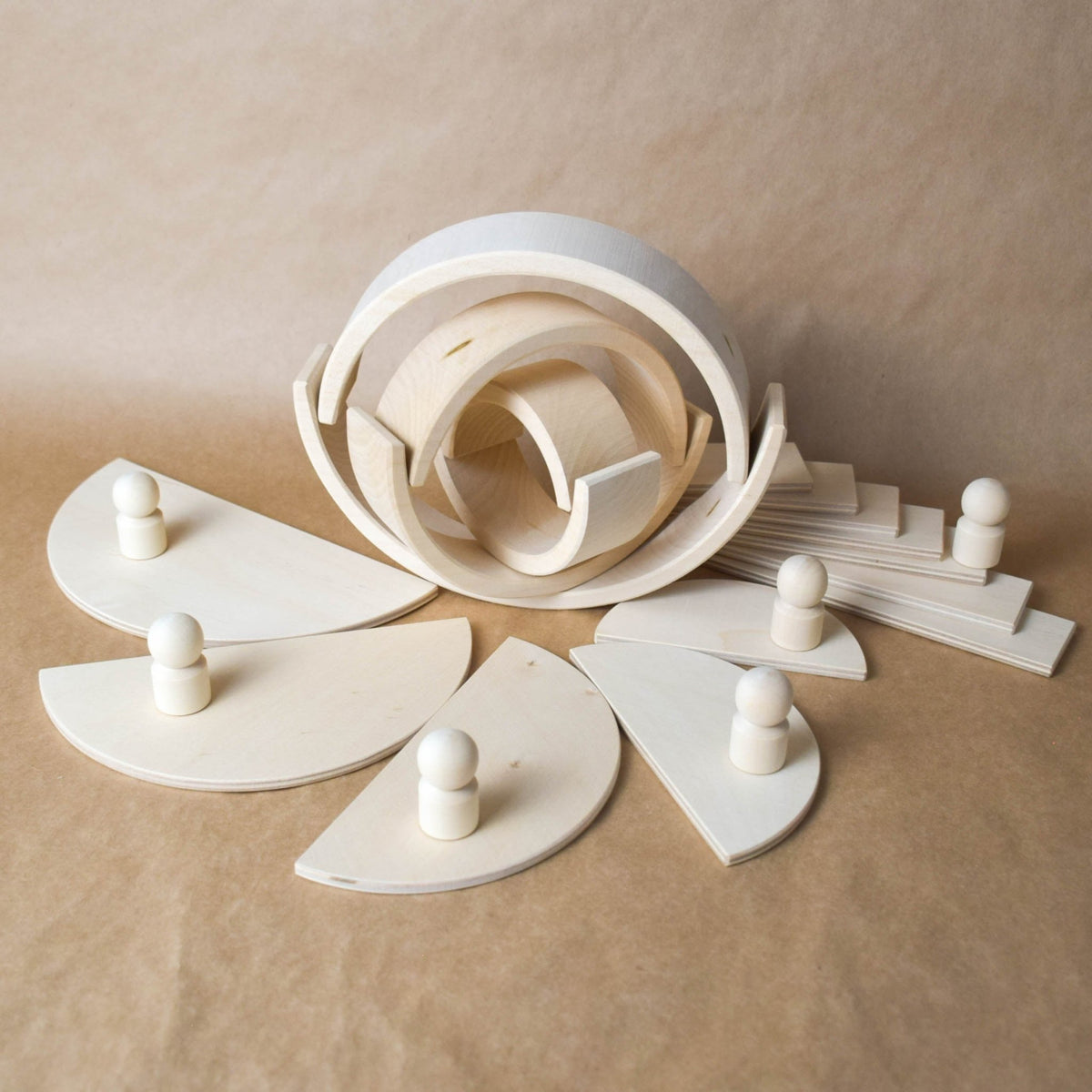 Handmade Montessori natural rainbow building toy crafted from linden wood and plywood