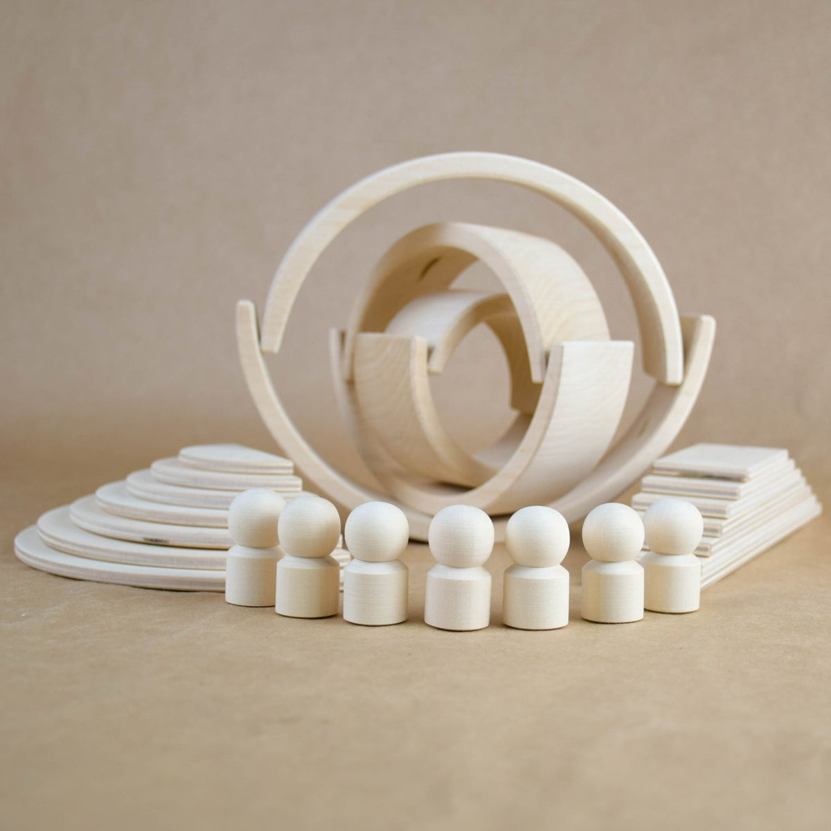 Handmade Montessori natural rainbow building toy crafted from linden wood and plywood