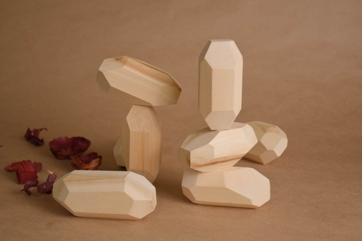 Handmade Montessori elongated Tumi Ishi balancing blocks in unfinished linden wood, without coating