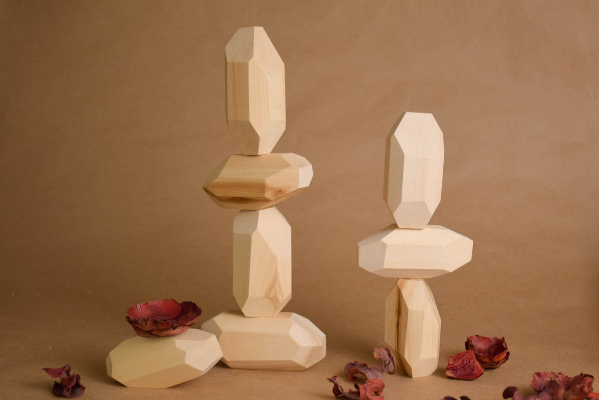 Handmade Montessori elongated Tumi Ishi balancing blocks in unfinished linden wood, without coating
