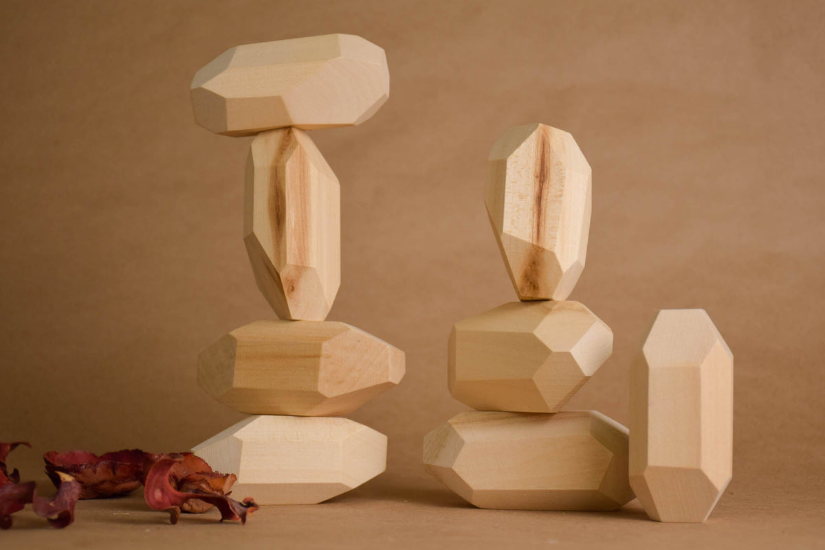 Handmade Montessori elongated Tumi Ishi balancing blocks in unfinished linden wood, without coating