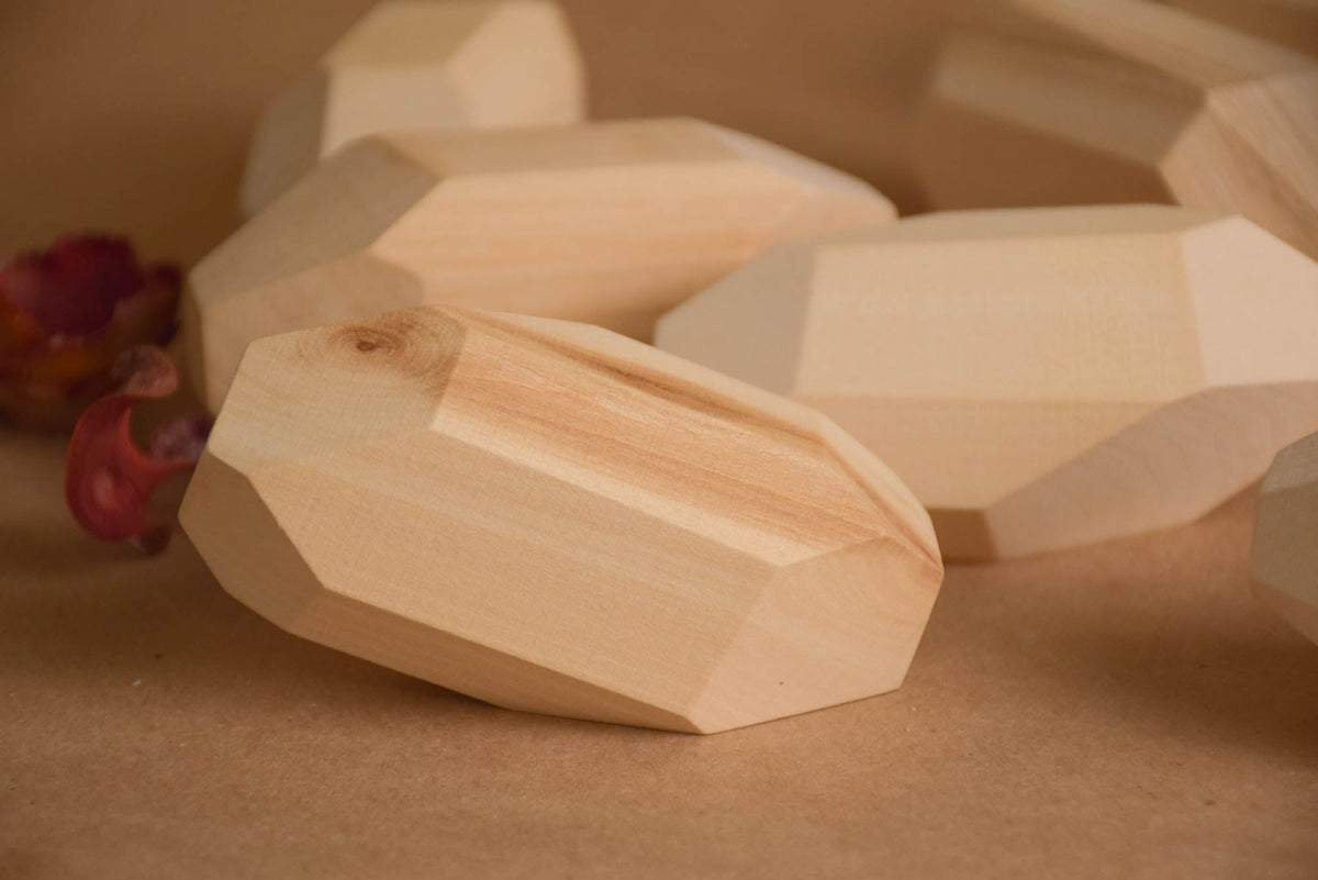 Handmade Montessori elongated Tumi Ishi balancing blocks in unfinished linden wood, without coating