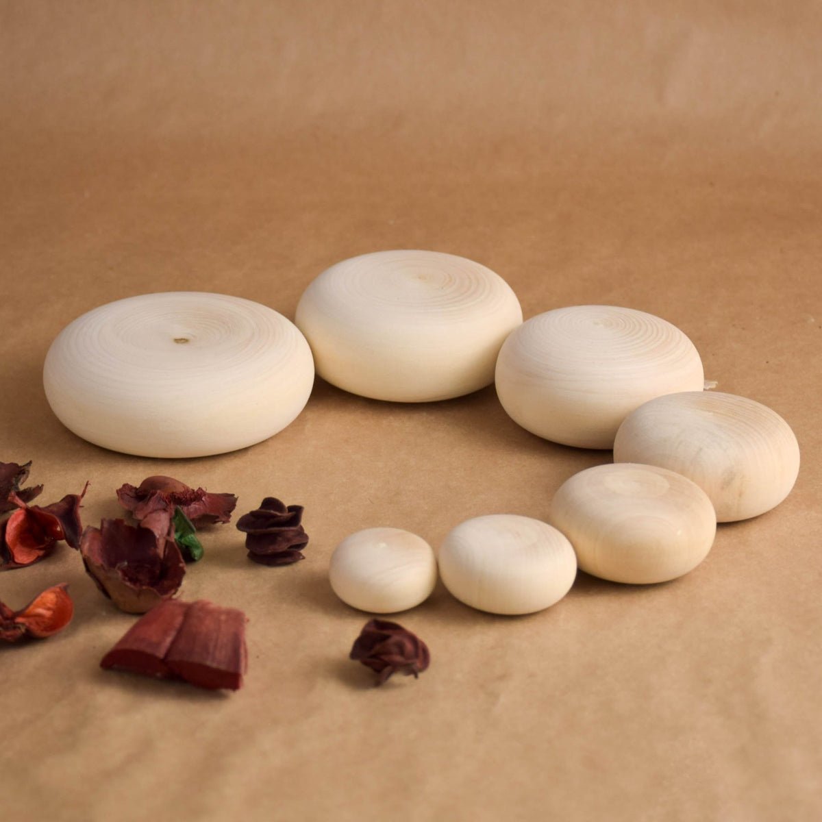Wooden stacking stones shaped like river pebbles