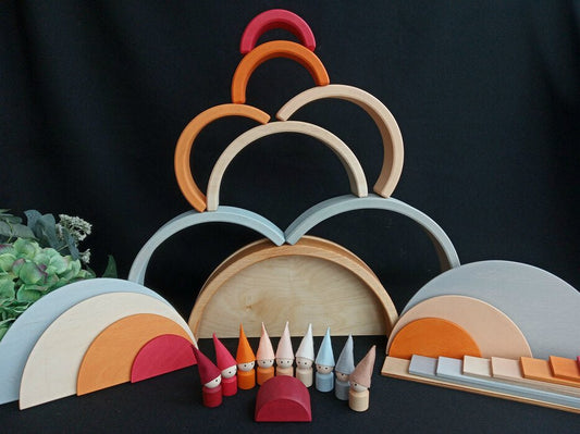 Handmade Montessori neutral rainbow building toy in wood and plywood with a natural wax-and-oil finish