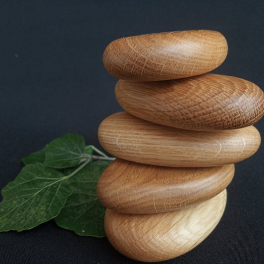 Handcrafted pedunculate oak wooden stacking pebbles