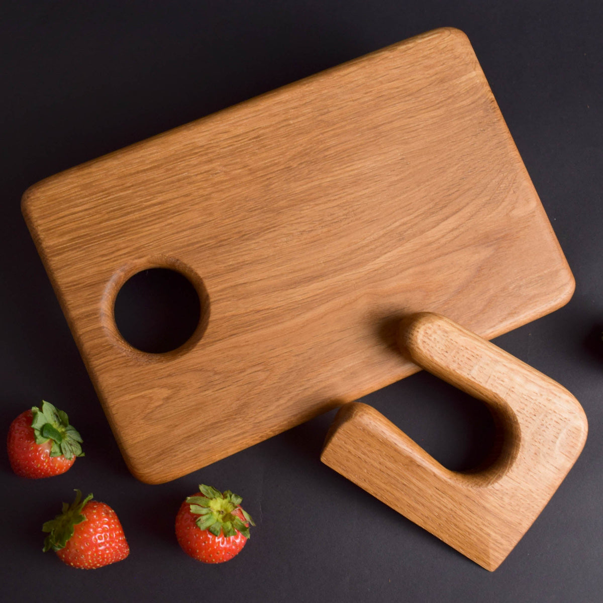 Handmade Montessori knife and cutting board set in solid oak wood with a natural oil finish