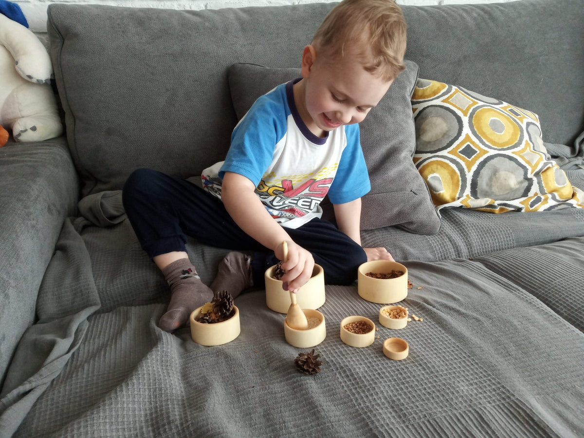 Blue wooden nesting bowl set