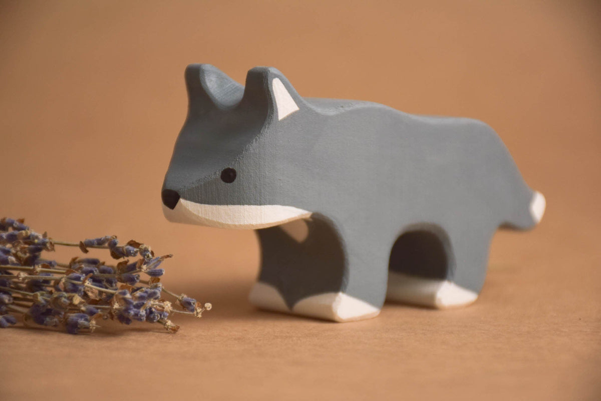 Wooden wolf, hedgehog, hare, marten, squirrel, fox, and bear