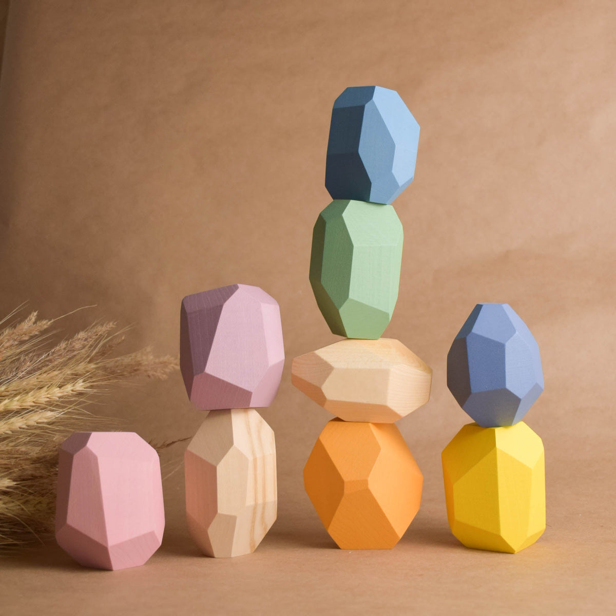 Handmade Montessori large pastel Tumi Ishi balancing blocks in linden wood with a natural wax finish