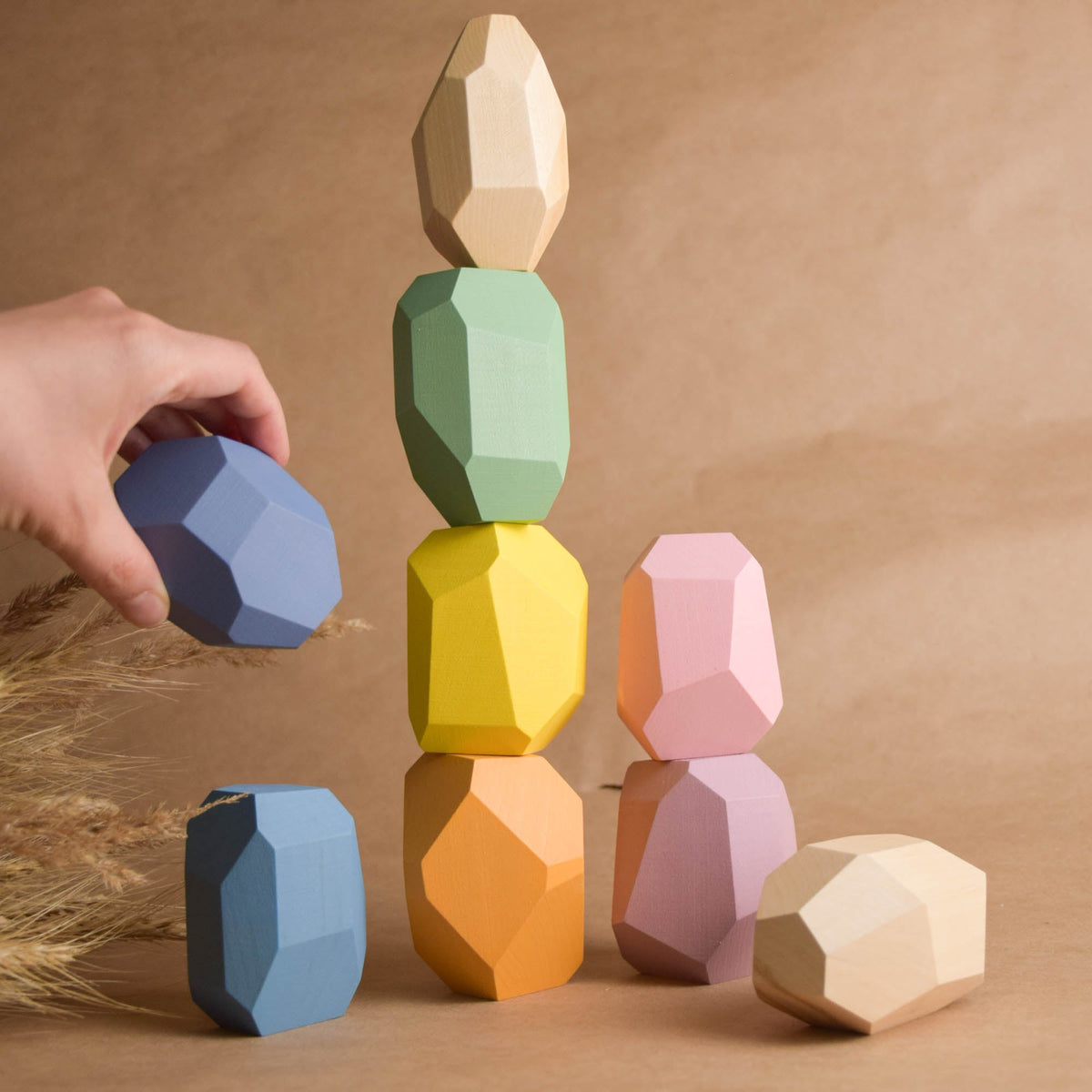 Handmade Montessori large pastel Tumi Ishi balancing blocks in linden wood with a natural wax finish