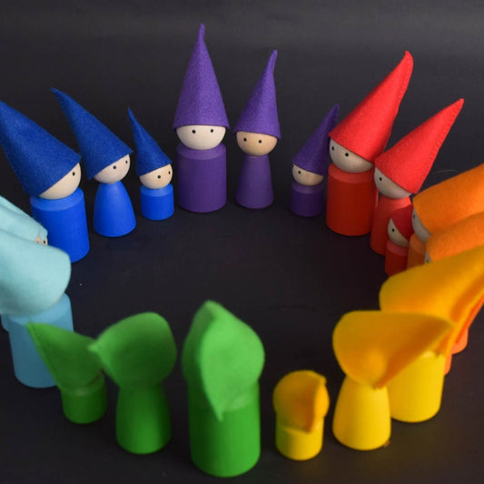 Rainbow wooden peg doll families with felt hats