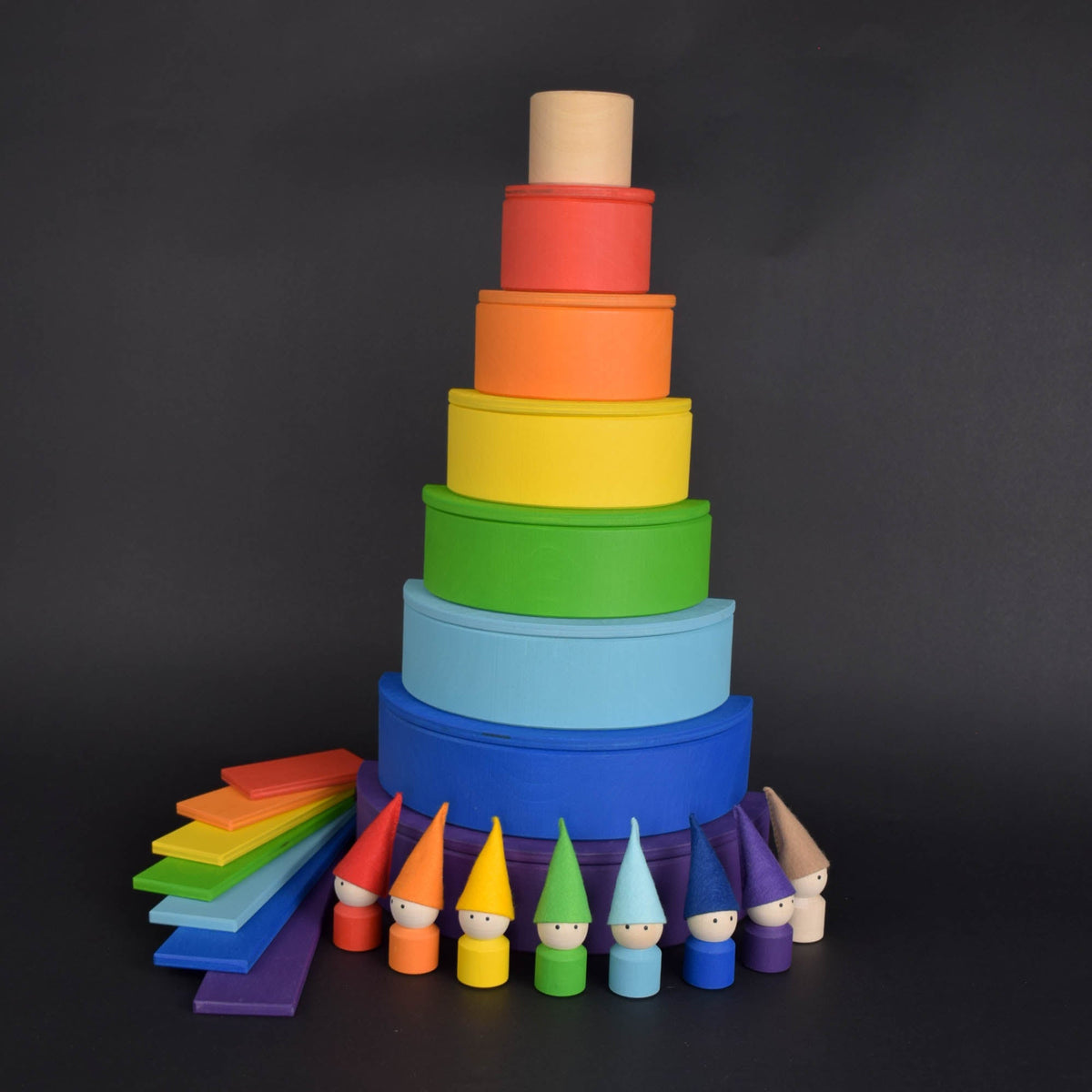 Handmade Montessori rainbow building toy in linden wood and plywood with a natural wax-and-oil finish