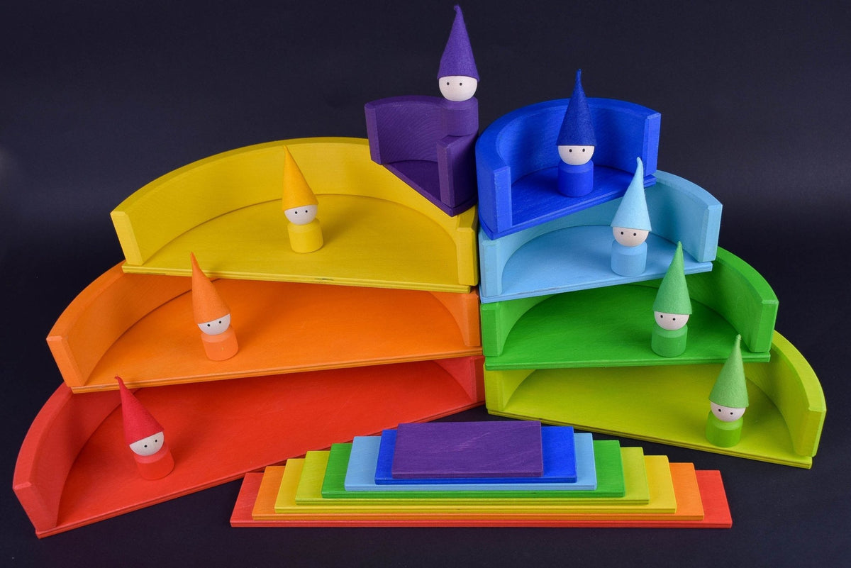 Handmade Montessori rainbow building toy in linden wood and plywood with a natural wax-and-oil finish