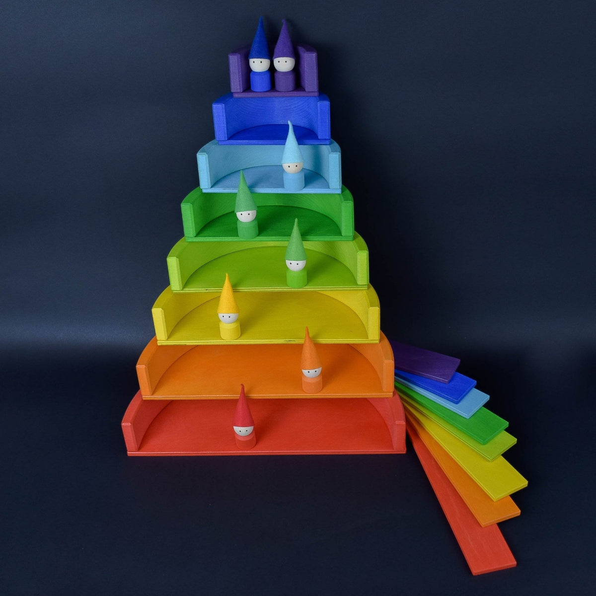 Handmade Montessori rainbow building toy in linden wood and plywood with a natural wax-and-oil finish