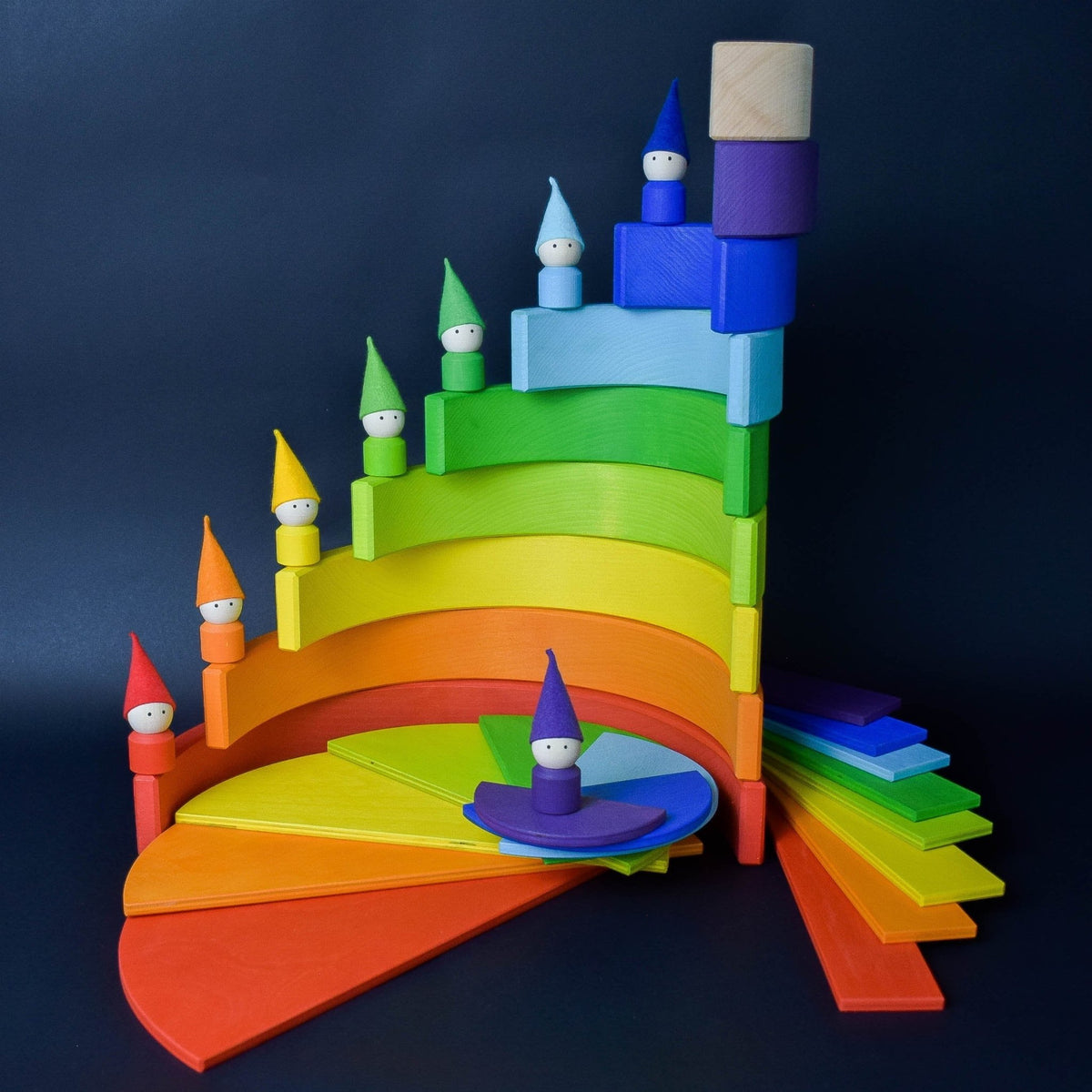 Handmade Montessori rainbow building toy in linden wood and plywood with a natural wax-and-oil finish