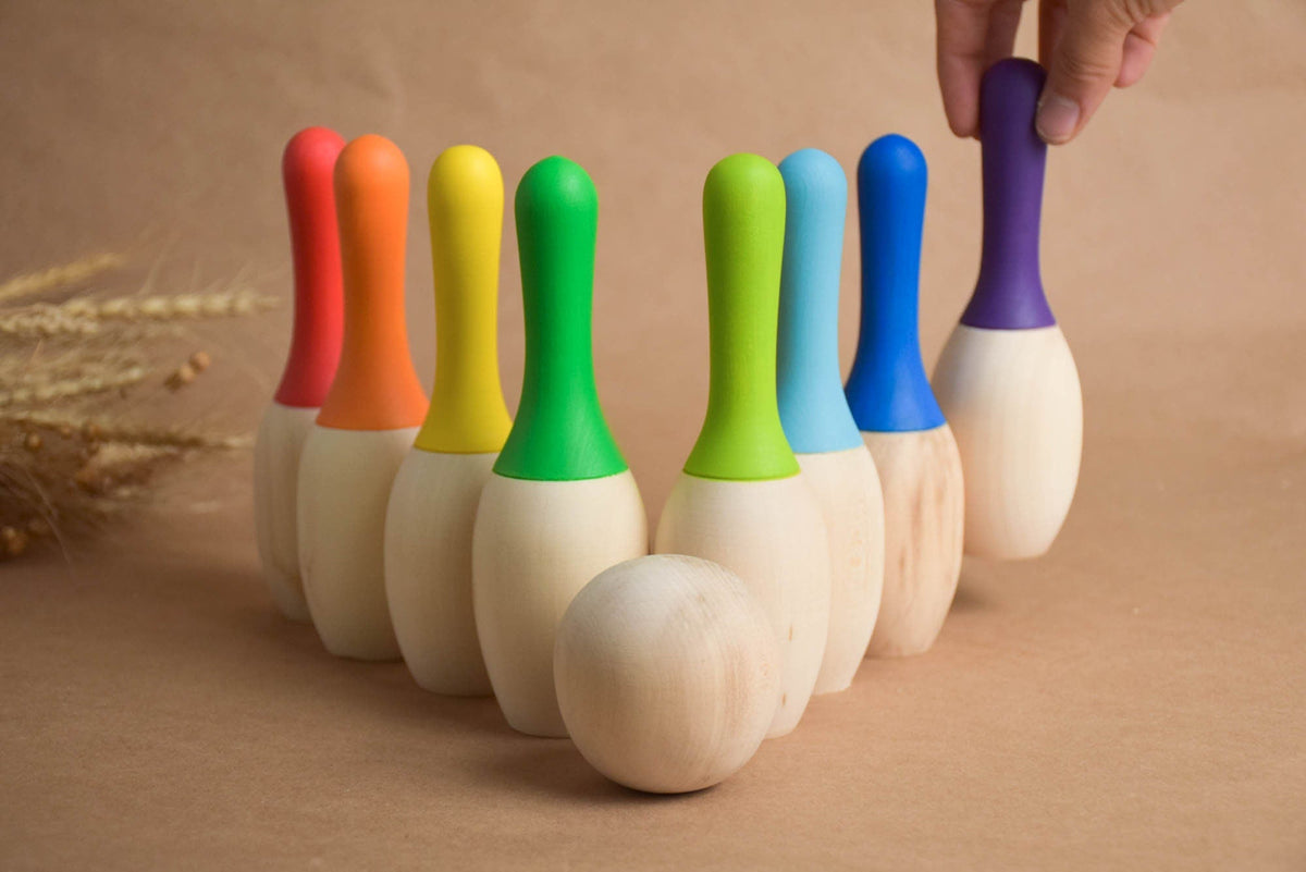 Wooden mini bowling set with rainbow pins