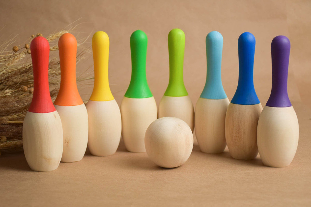 Wooden mini bowling set with rainbow pins