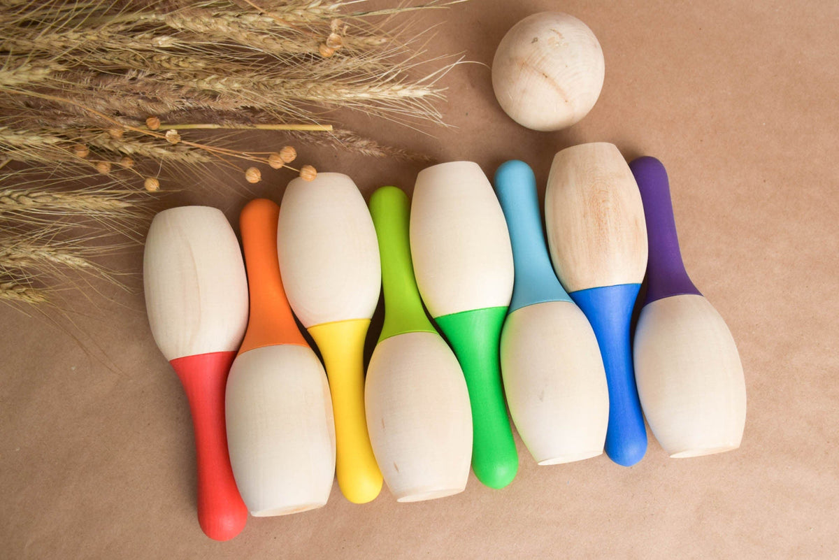 Wooden mini bowling set with rainbow pins