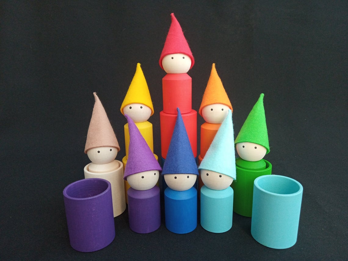 Linden wood peg dolls and rainbow sorting cups